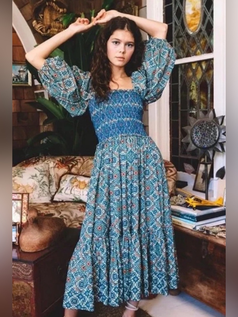 Cara Cara Blue Floral Long Sleeve Smocked Midi Dress